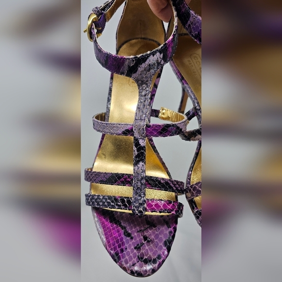 Coach Hayden Leather Violet Pink Blk Python Print Open Toe T-Strap Heels Size 7B - Picture 2 of 16